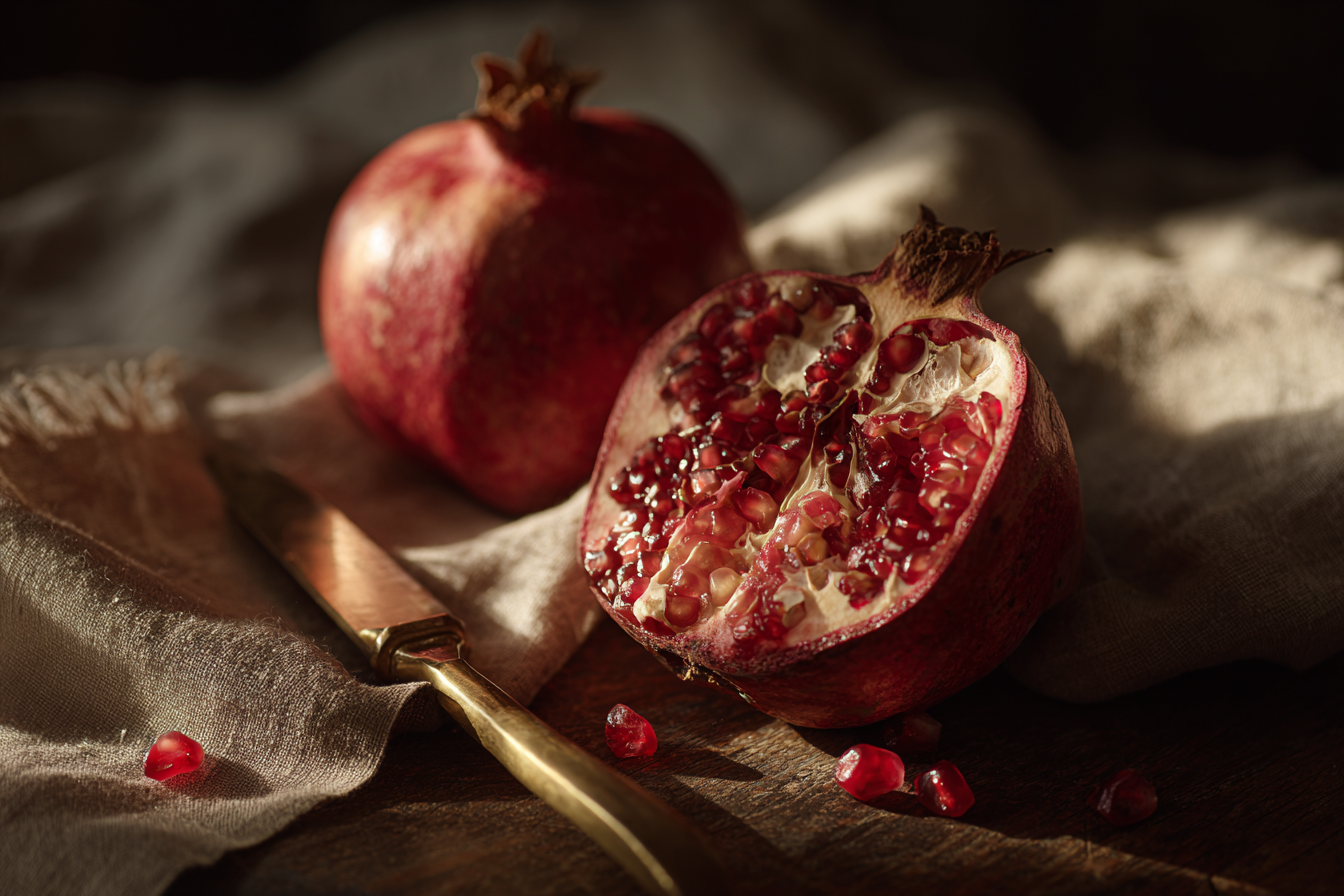 Pomegranate halved on dark walnut, seeds catching the light