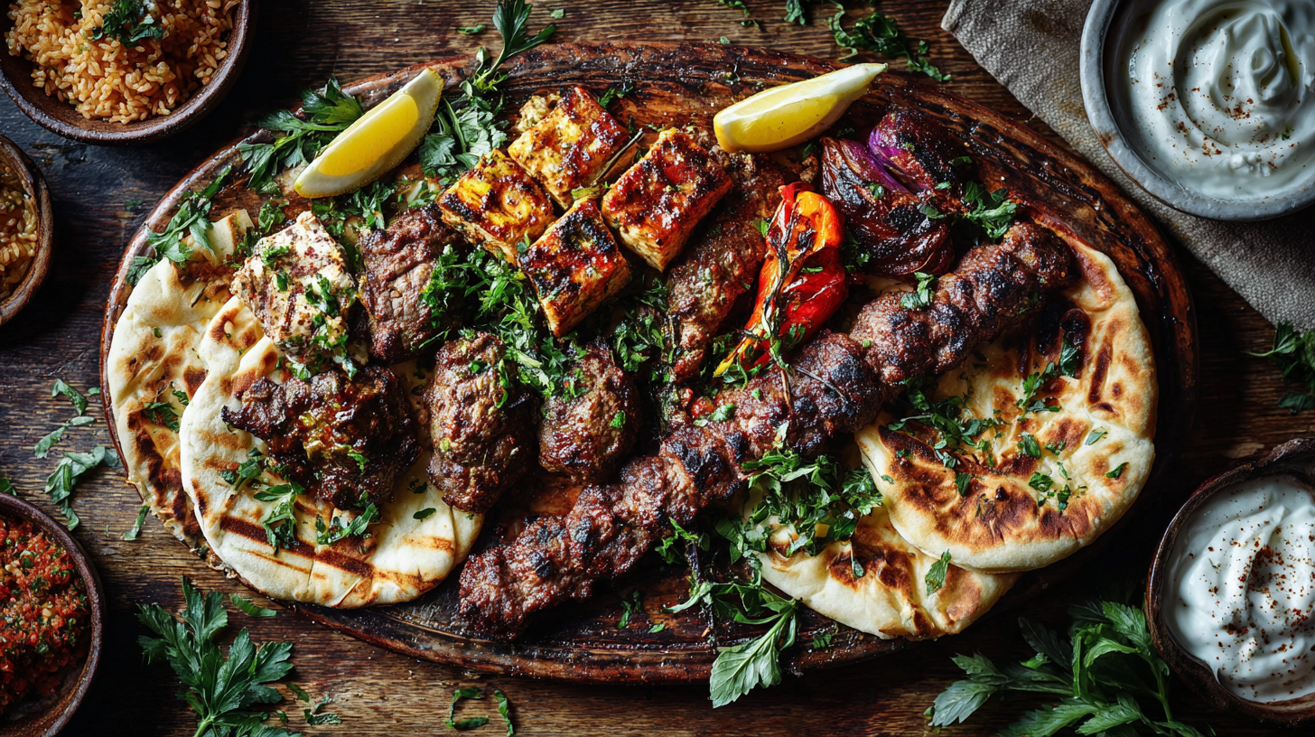 Turkish mixed grill platter with kebabs, flatbread, rice and yoghurt