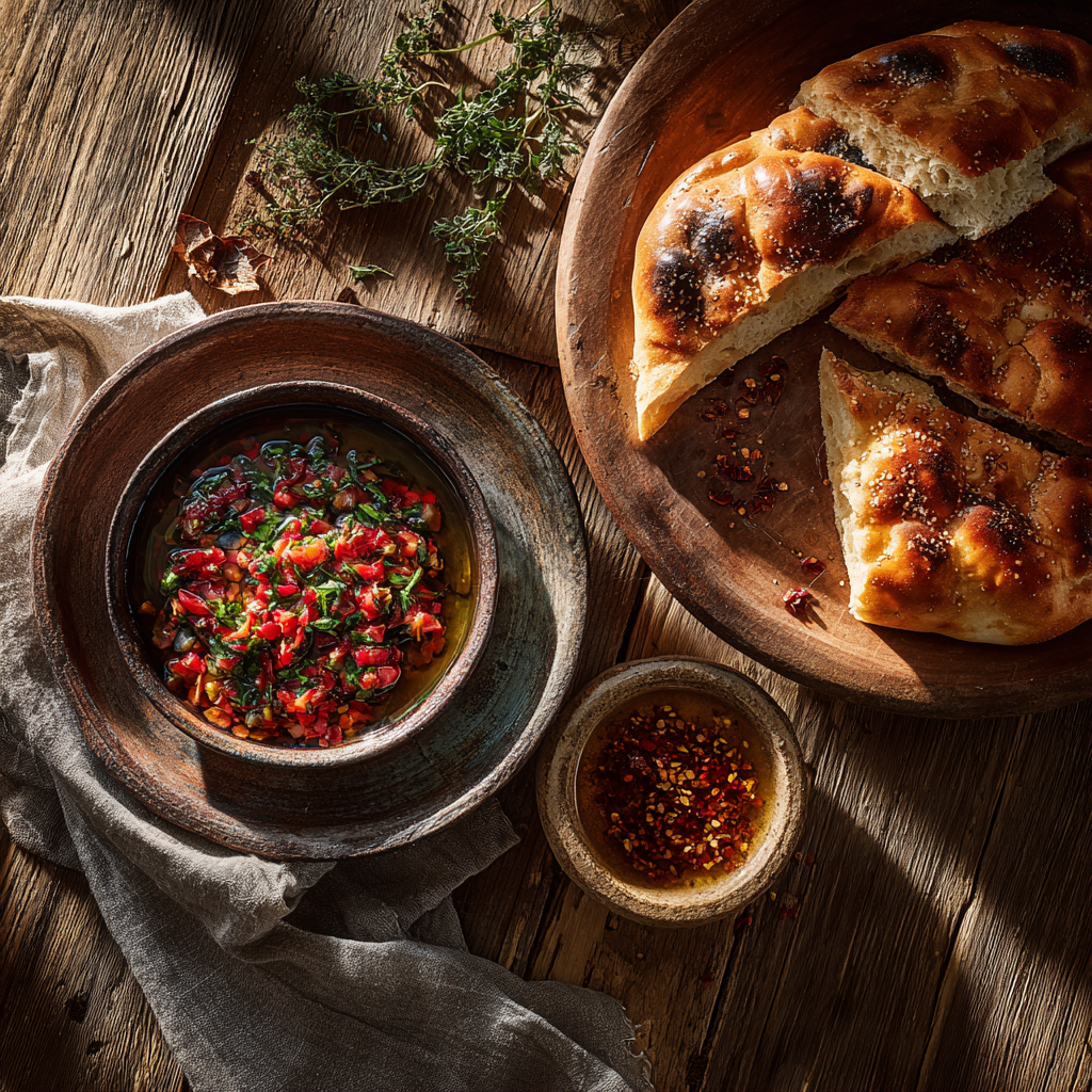 Bowl of bright red acılı ezme with chopped peppers and herbs