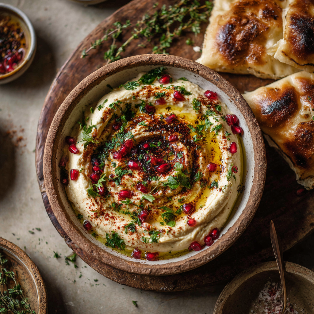 Bowl of smoky babaganoush with pomegranate seeds and parsley