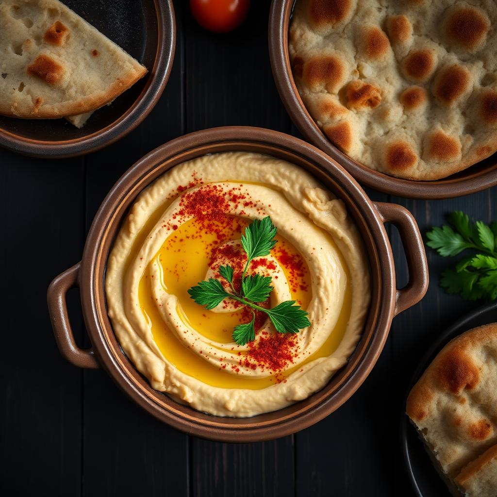 Bowl of creamy hummus with olive oil and parsley